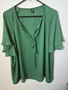 Green V-Neck Tie-Front Women's Top